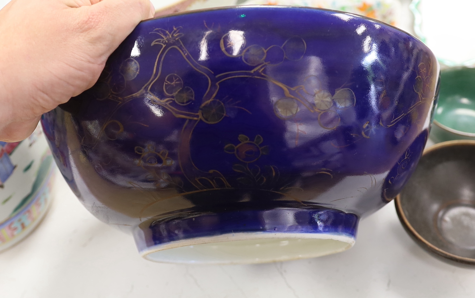 A group of 18th/19th century Chinese and Japanese ceramics to include - a famille rose vase, two large bowls, a blue and white plate and four other pieces, the largest 35cm high